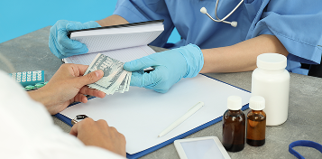 Handing money with medical equipment